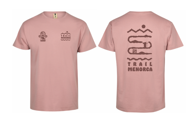 Camiseta rosa salmón 100% algodón con diseño" Trail Menorca" para mujer